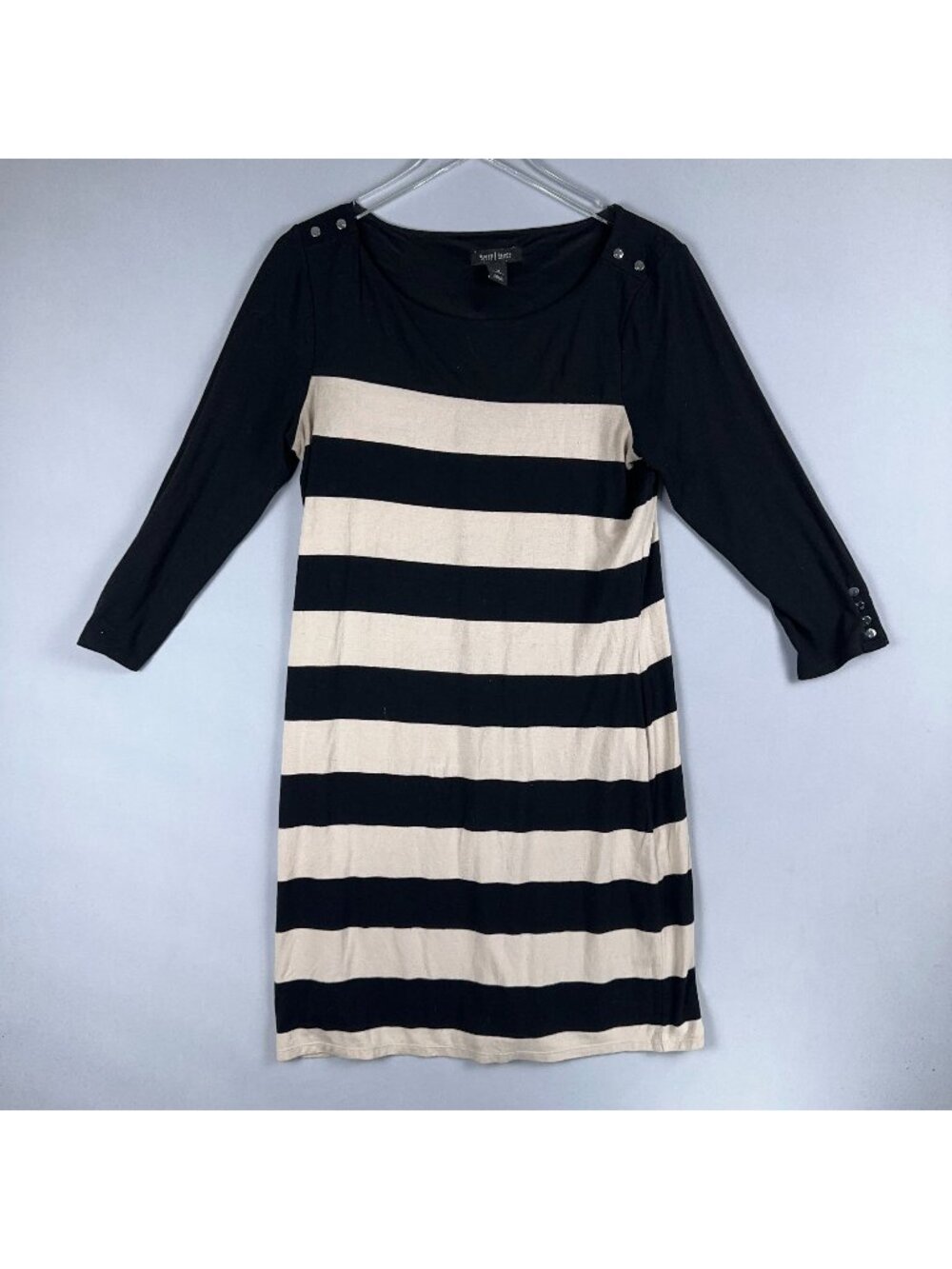 White House Black Market Midi Dress Size Medium Black Beige Striped